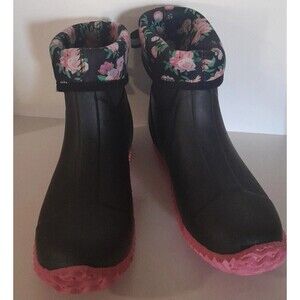 Gardenline Rain Boots 7 Black-Pink Bottom-Flora Fold Down Top Boots Waterproof